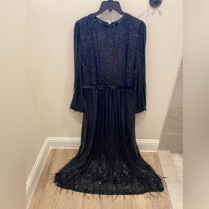 Antonio Melani Nicola Bathie Sequin Long Sleeve Belted Feather A Line Dress
